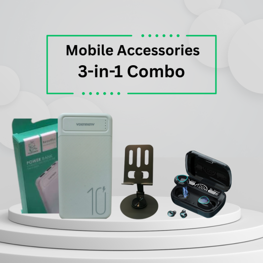 mobile accessories combo 3 in 1 (360 degree mobile stand, M10 wireless Bluetooth earbud,
